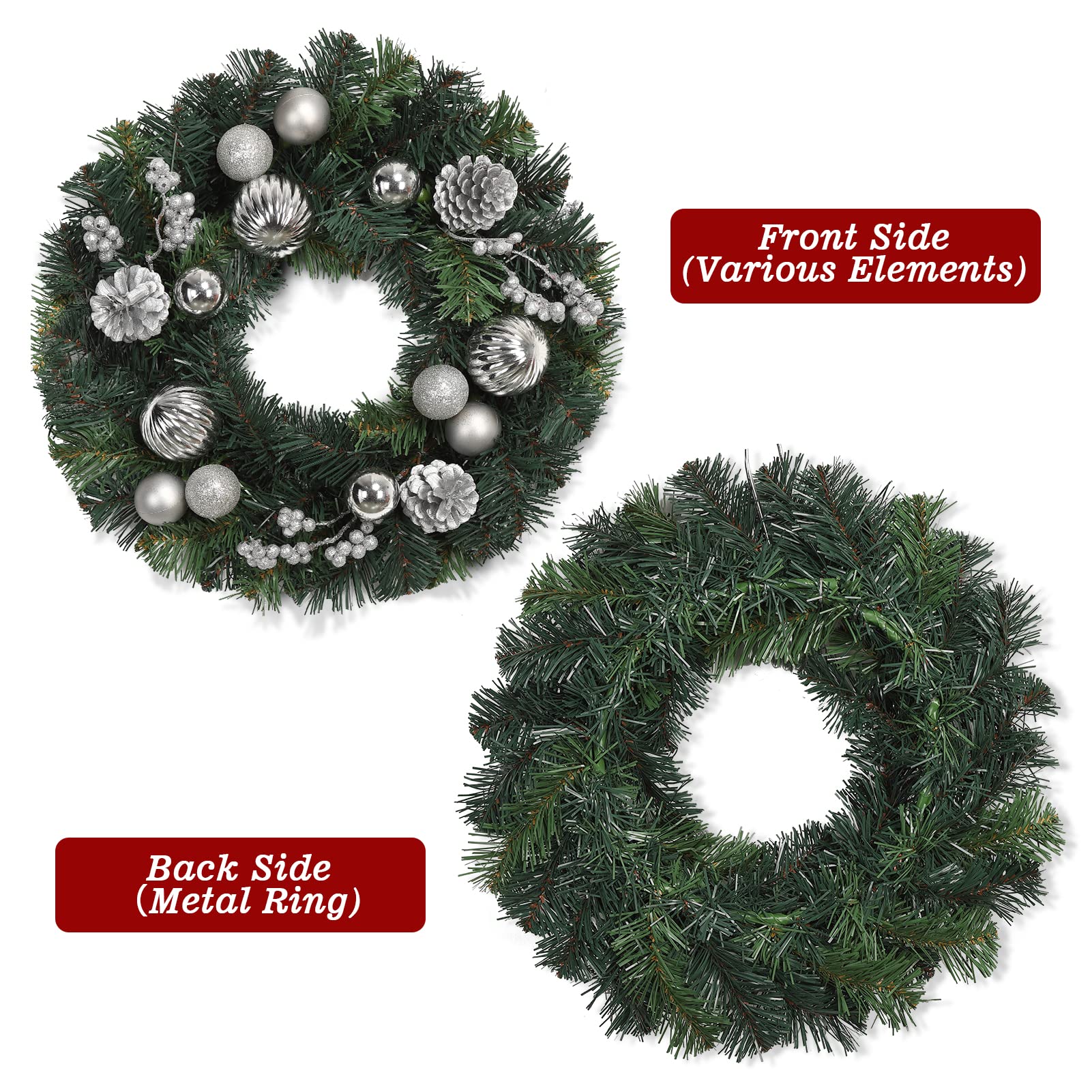 GARVEE Ghirlanda di Natale 40 cm Ghirlanda artificiale per porta Argentata con palline di Natale Pigne Bacche per porta d'ingresso Camino Decorazione da parete Verde