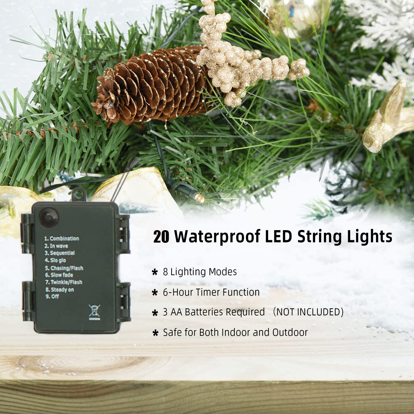 Ghirlanda natalizia Garvee da 6 piedi con 20 luci LED, stelle dorate, resistente alle intemperie per uso esterno, a batteria