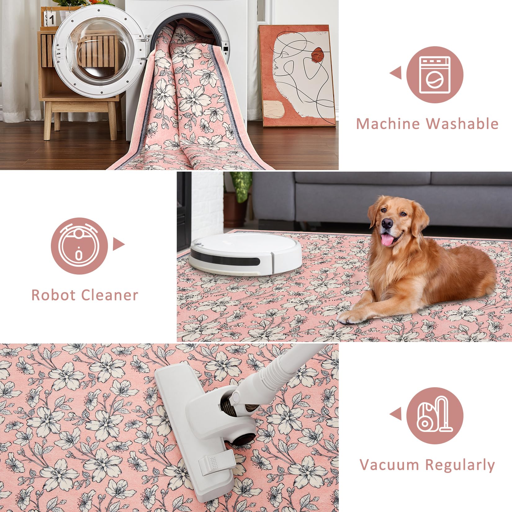 Tappeto per soggiorno Garvee lavabile con motivo floreale vintage, pelo corto, antiscivolo, morbido, grande, 160x230 cm, rosa