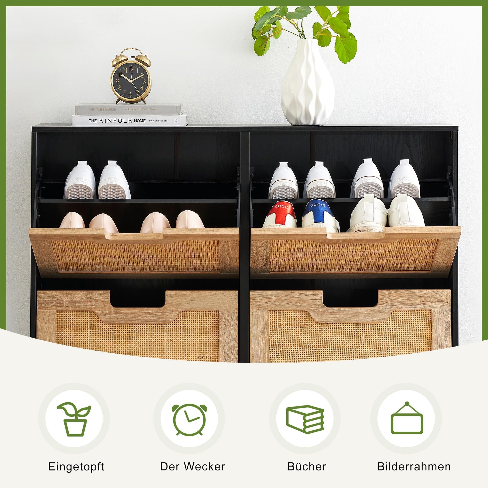 Scarpiera Garvee in rattan, stretta, con 4 ante e 8 ripiani regolabili per corridoio e ingresso, 100x24x88 cm, nero, bianco, legno