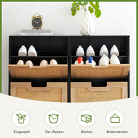 Scarpiera Garvee in rattan, stretta, con 4 ante e 8 ripiani regolabili per corridoio e ingresso, 100x24x88 cm, nero, bianco, legno