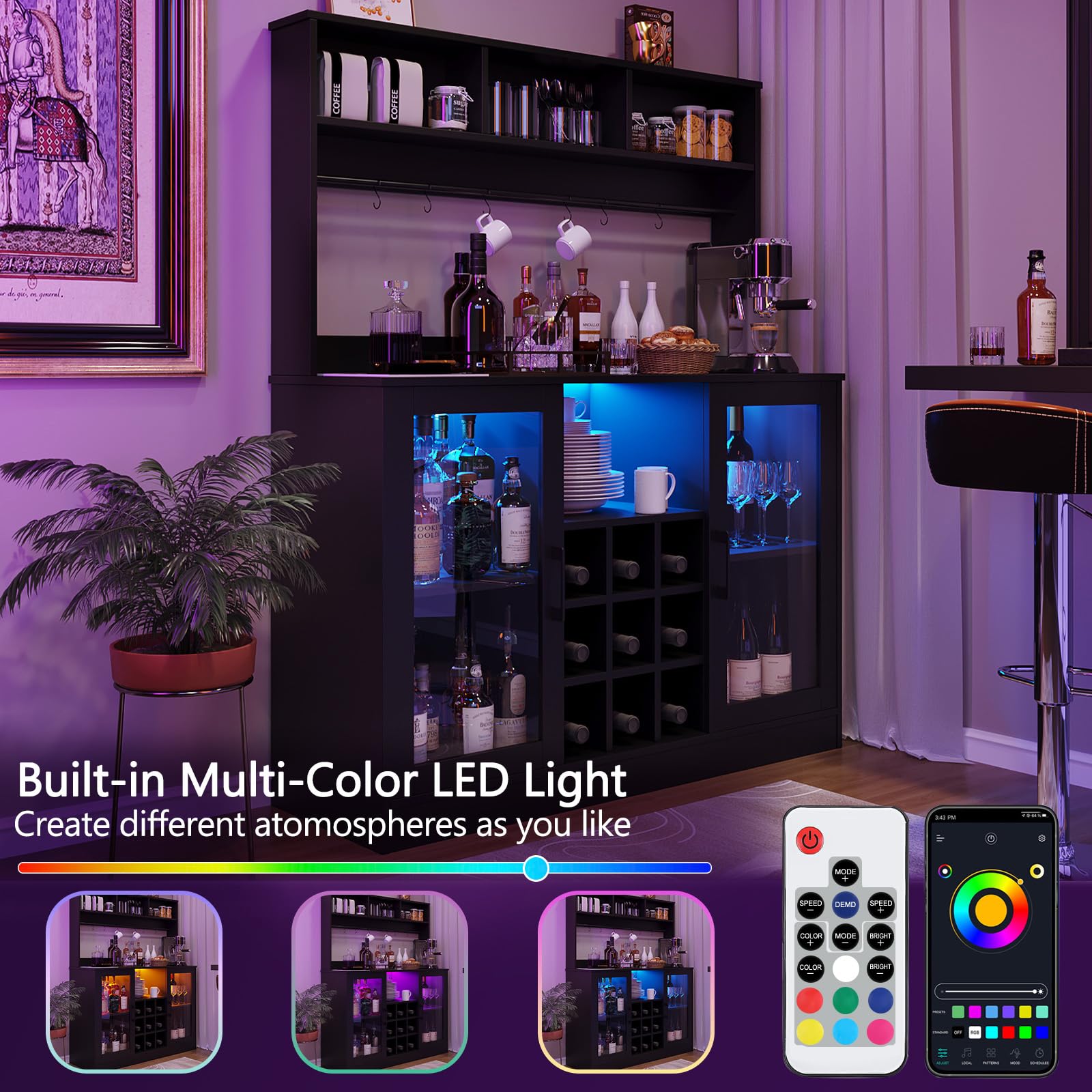 Mobile bar per vino Garvee con luce LED e presa, 9 portabottiglie e 6 ganci, in truciolato, per cucina e soggiorno, ripiano regolabile, design moderno