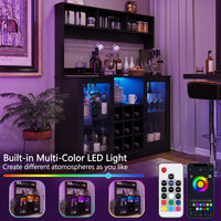 Mobile bar per vino Garvee con luce LED e presa, 9 portabottiglie e 6 ganci, in truciolato, per cucina e soggiorno, ripiano regolabile, design moderno
