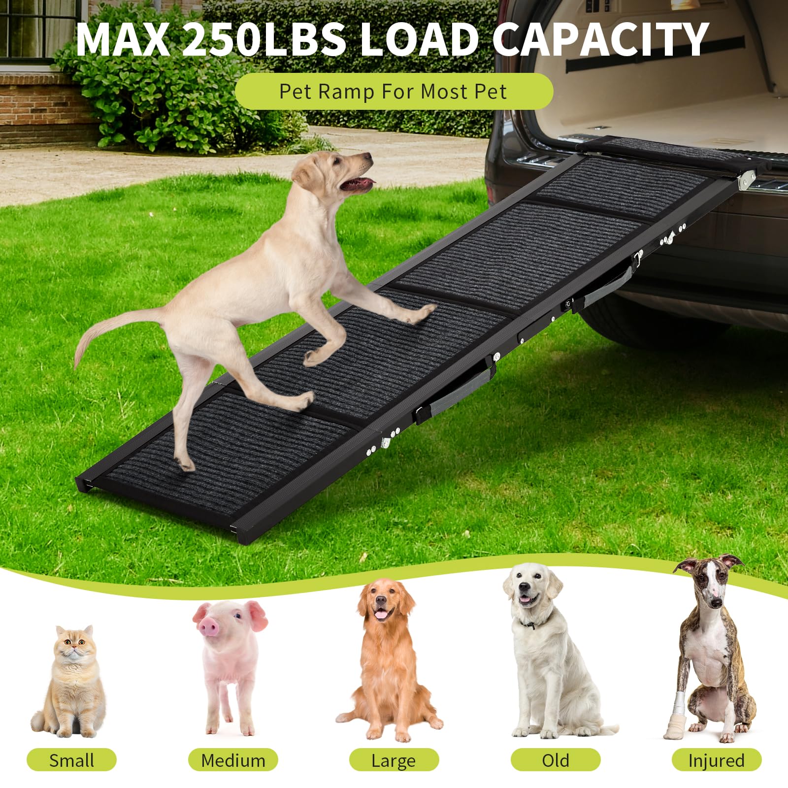 Rampa per cani Garvee per auto 63"x17" pieghevole antiscivolo in alluminio leggera e stabile per SUV e camion da viaggio all'aperto, nera