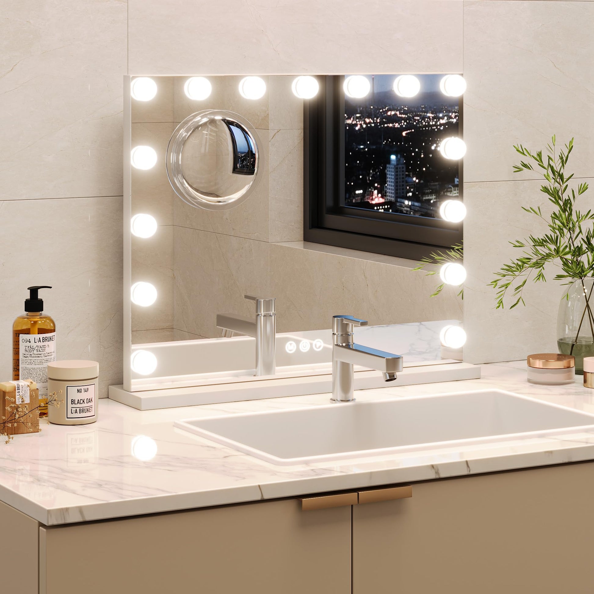 Specchio per il trucco GARVEE Hollywood 58 x 46 cm con 15 luci LED Specchio per il trucco touch bianco