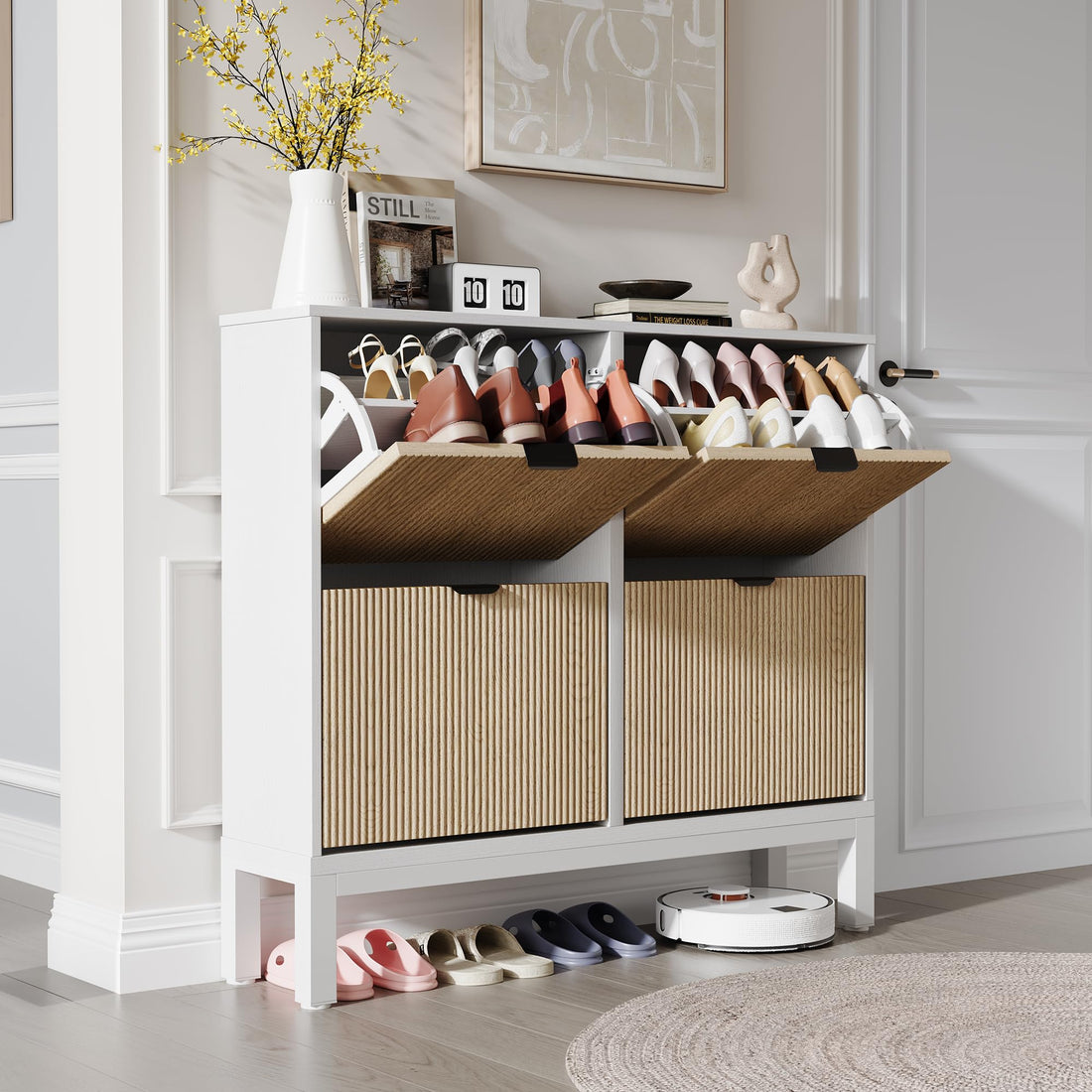 Scarpiera scanalata Garvee con 4 cassetti a scomparsa, organizer per scarpe stretto in legno, gambe in metallo, stile rustico moderno, bianco e rovere, salvaspazio per corridoio