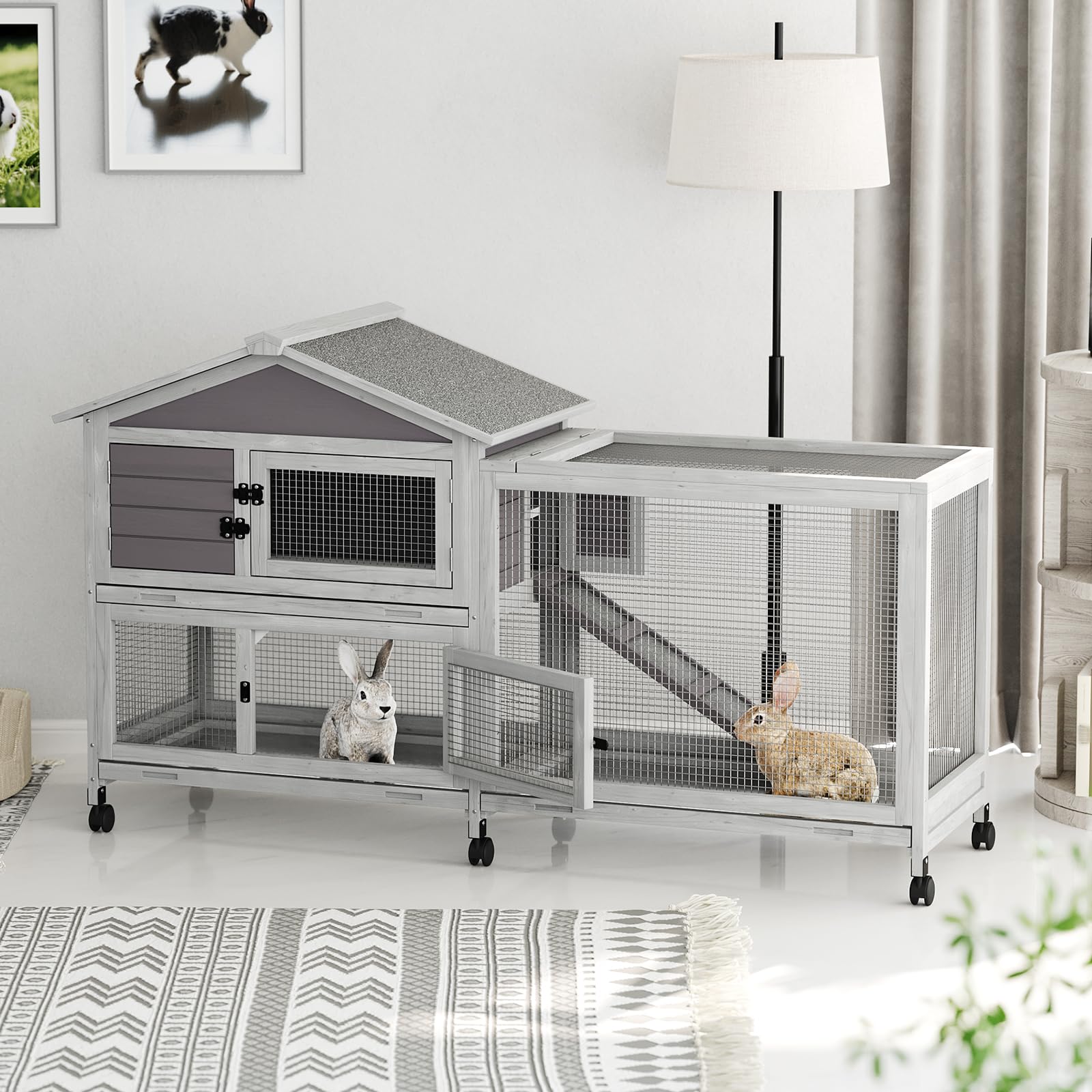 Conigliera Garvee con tetto in asfalto, ruote e cassetto per uso interno ed esterno, resistente alle intemperie, metallo-legno, mobile