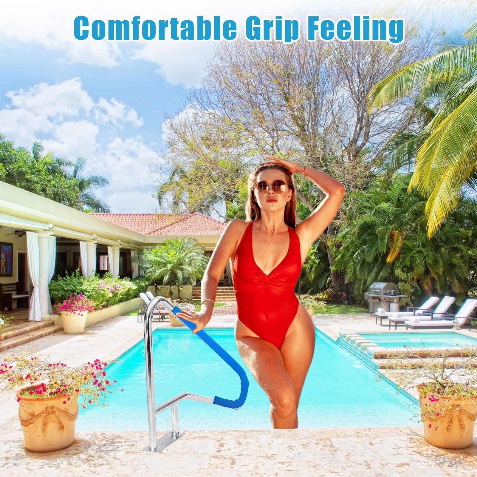 Corrimano per piscina Garvee 55"x32" in acciaio inossidabile 304, antiruggine, maniglia blu, base robusta per piscine interrate, capacità di carico di 385 libbre