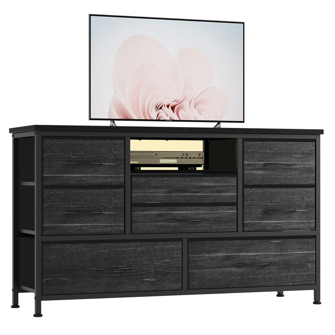 Cassettiera Garvee con 8 cassetti, 3 prese di corrente e 2 porte USB, mobile TV con luce LED per camera da letto, soggiorno, corridoio, 120 cm, nero
