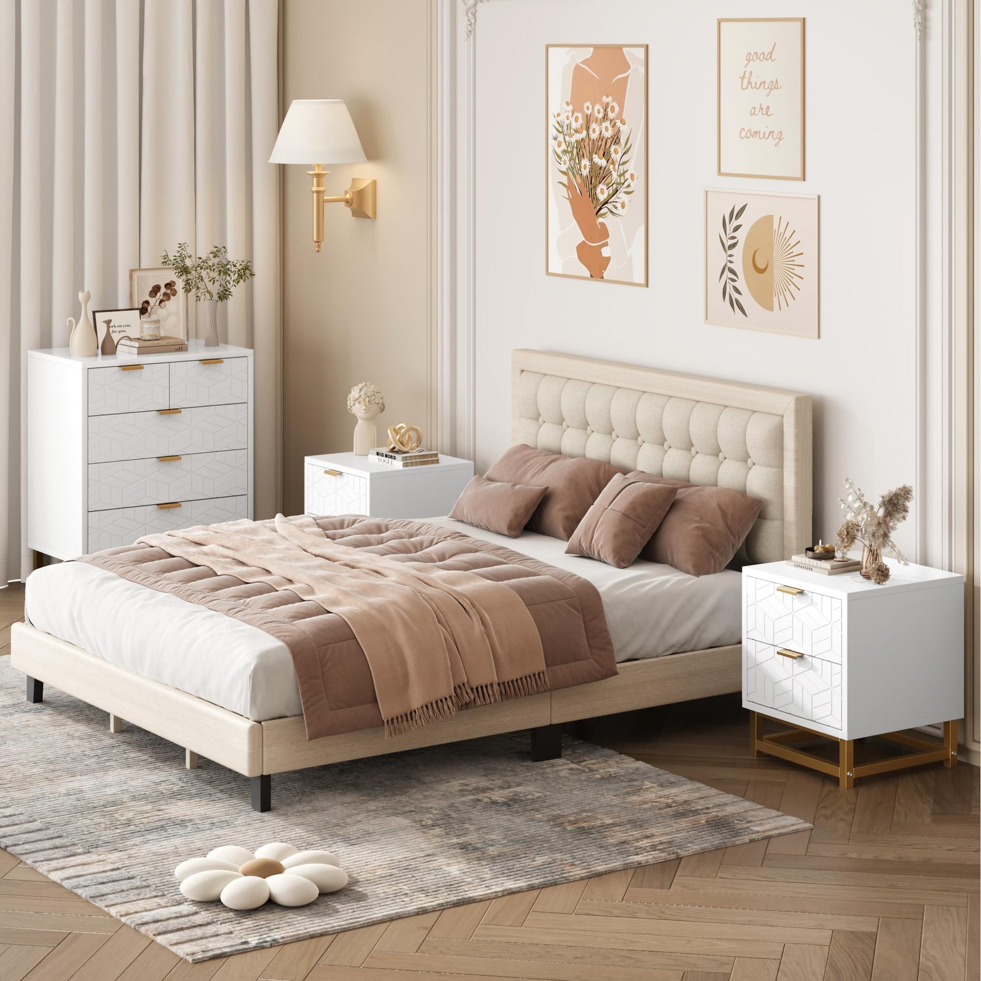 Garvee 5-Schubladen-Schrank MDF Bianco mit Goldfüßen für Wohnzimmer und Büro, 73x51,5x20,5 cm, Modernes Rhombus-Design