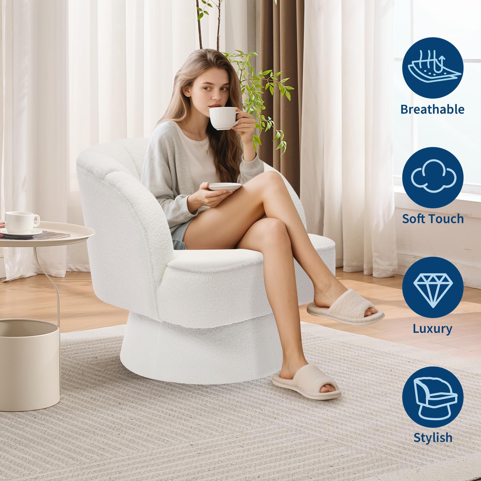 Poltrona girevole Garvee a botte con schienale a righe, struttura in legno, rivestimento in tessuto Teddy, girevole a 360°, per soggiorno e camera da letto