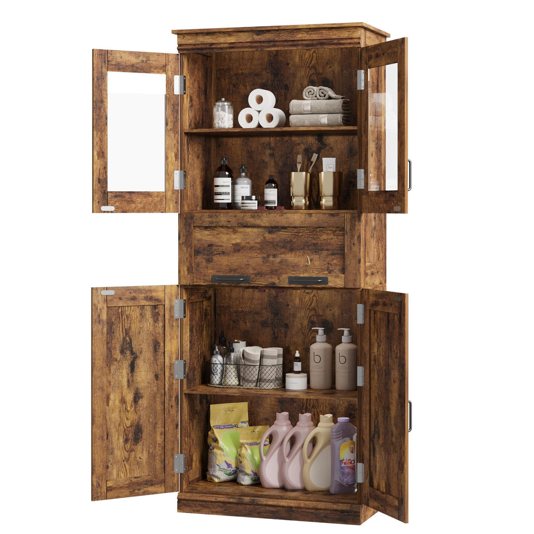 Mobiletto da bagno alto Garvee da 67" con 4 ante e cassetto in vetro per bagno e cucina, ripiani regolabili, marrone rustico, MDF, robusto e moderno