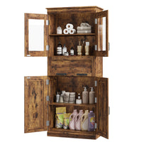 Mobiletto da bagno alto Garvee da 67" con 4 ante e cassetto in vetro per bagno e cucina, ripiani regolabili, marrone rustico, MDF, robusto e moderno