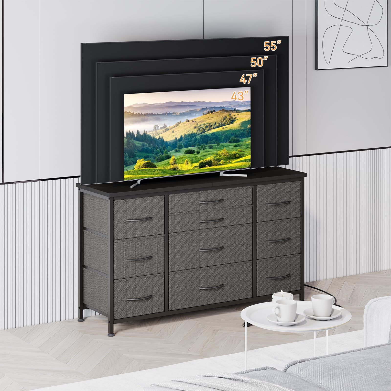 Cassettiera GARVEE con cassetti, credenza con 10 cassetti in tessuto e 3 prese di corrente, cassettiera per soggiorno, credenza per ingresso, mobile contenitore con rivestimento in tessuto, robusta struttura in metallo, piano in legno