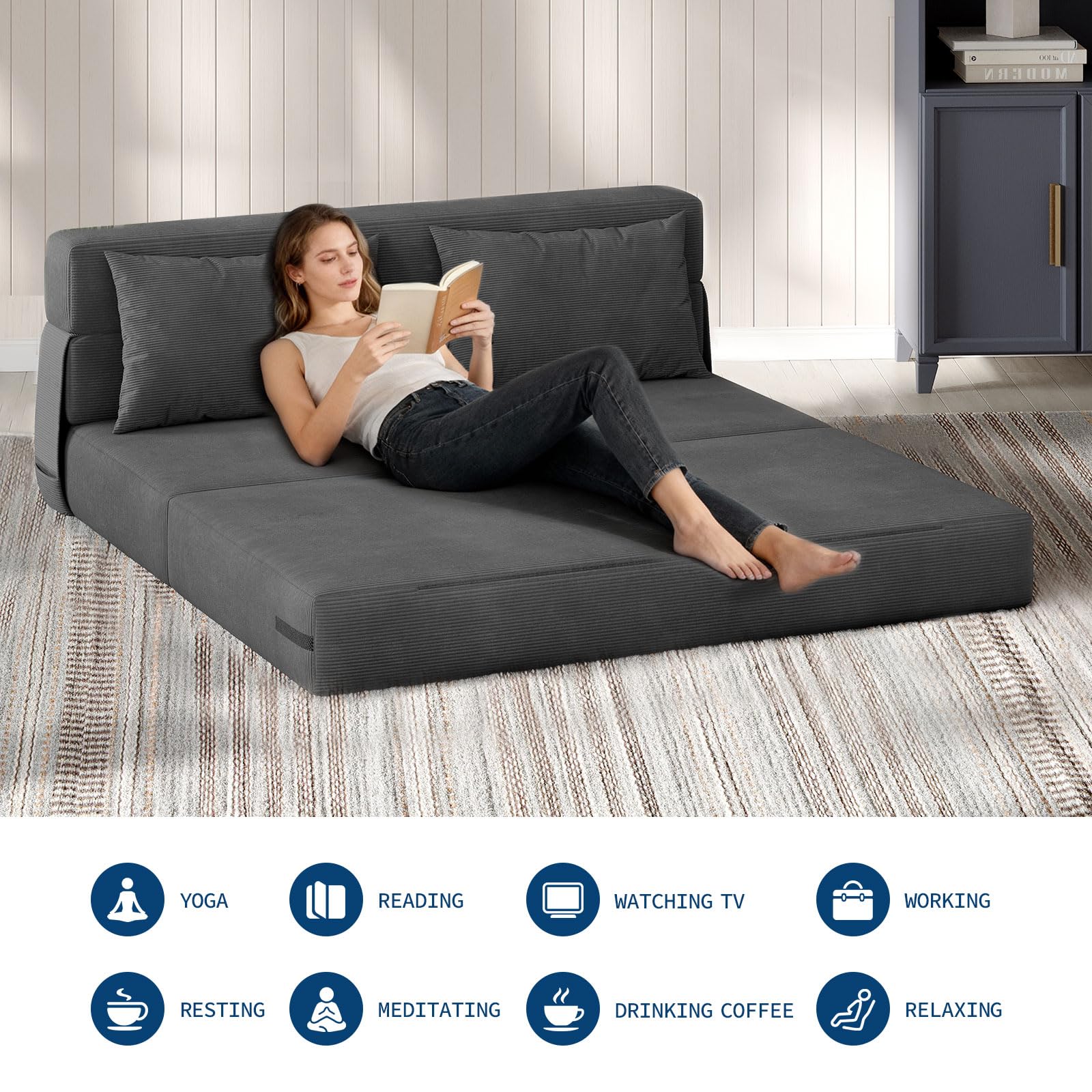 Divano letto e poltrona letto 4 in 1 Garvee, versatile e confortevole, in velluto a coste grigio scuro, per soggiorno e camera degli ospiti