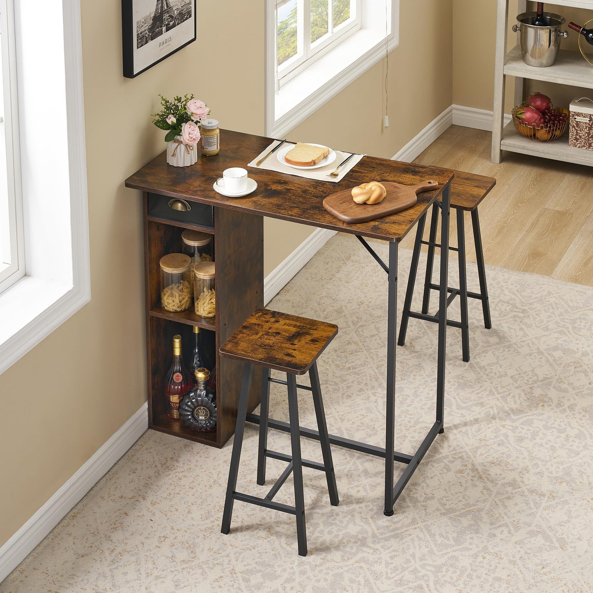 Set tavolo e sedie da bar Garvee con triplo spazio di archiviazione, set da bistrot per 2 persone, robusta struttura in ferro, piano in MDF, cuscini ergonomici, compatto per cucina e bistrot