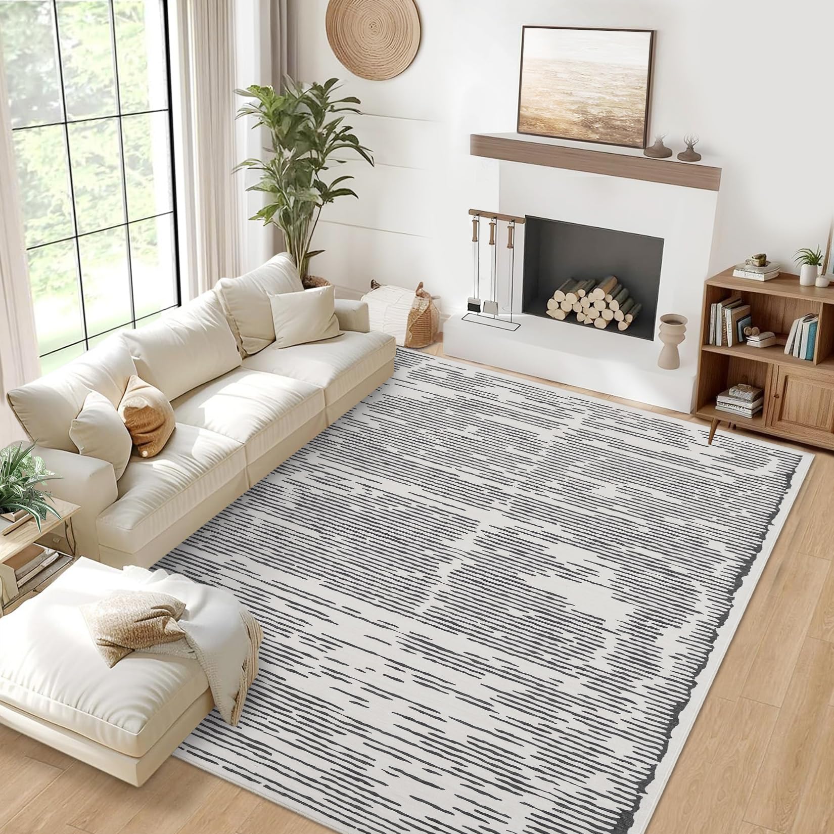 Tappeto a pelo corto Garvee 120x170cm, lavabile, grigio chiaro, per soggiorno, camera da letto, motivo a linee minimaliste, soffice, morbido e antiscivolo.