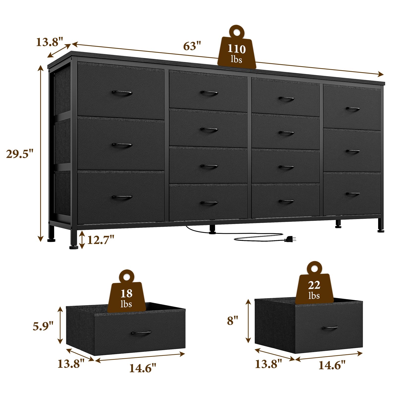 Mobile TV nero Garvee da 63" con 14 cassetti, prese di corrente, rivestimento in tessuto per soggiorno e camera da letto