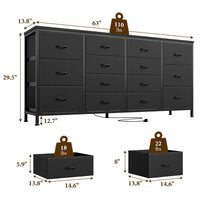 Mobile TV nero Garvee da 63" con 14 cassetti, prese di corrente, rivestimento in tessuto per soggiorno e camera da letto