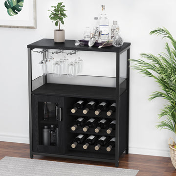 Mobile bar per vino Garvee a 3 ripiani con portabottiglie rimovibile, portabicchieri per cucina e bar, 27,2"L x 13,8"P x 36,2"A, MDF e ferro nero