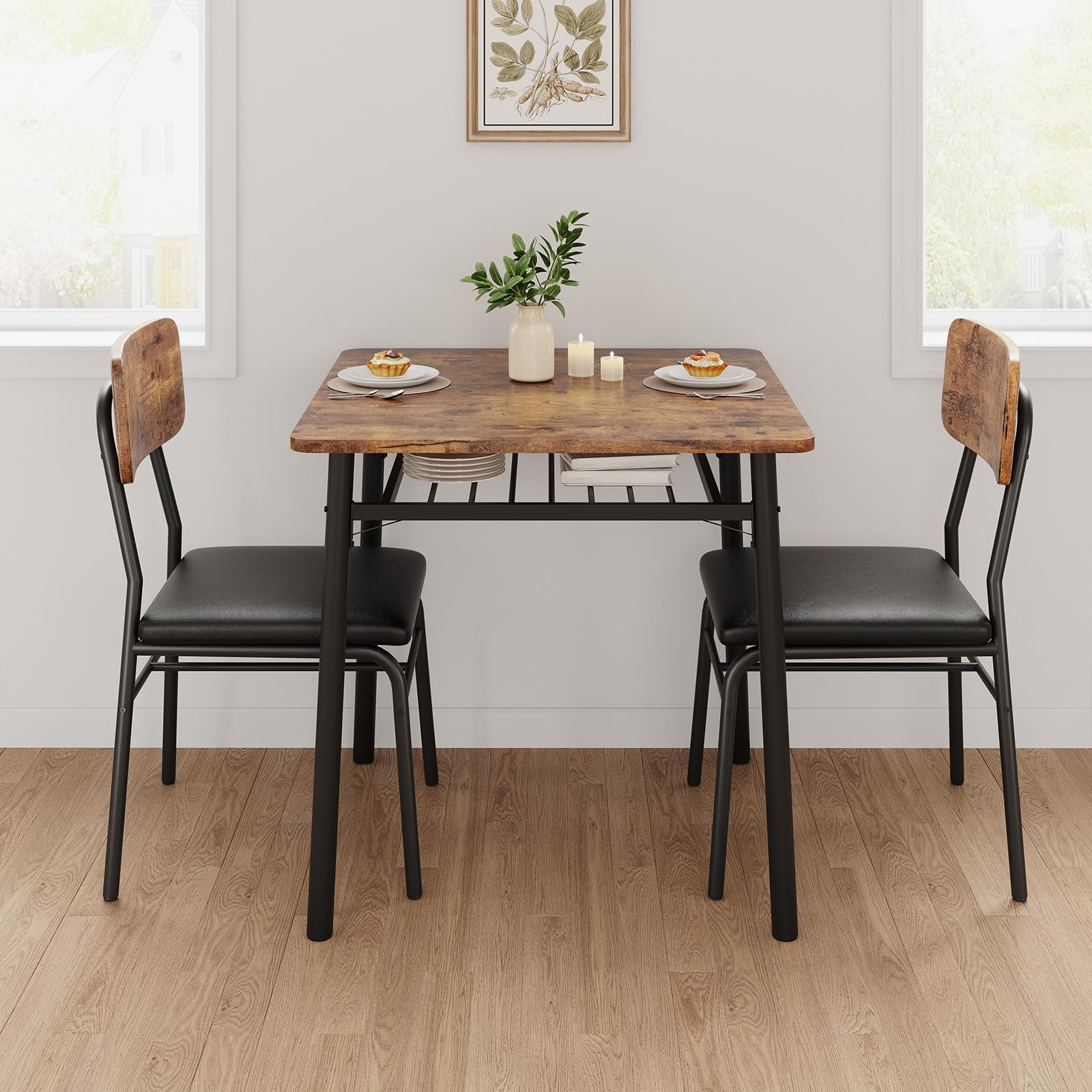 Tavolo da pranzo Garvee per 2 persone con contenitore, struttura in metallo, sedie imbottite, piano in legno MDF, salvaspazio, marrone, cucine piccole
