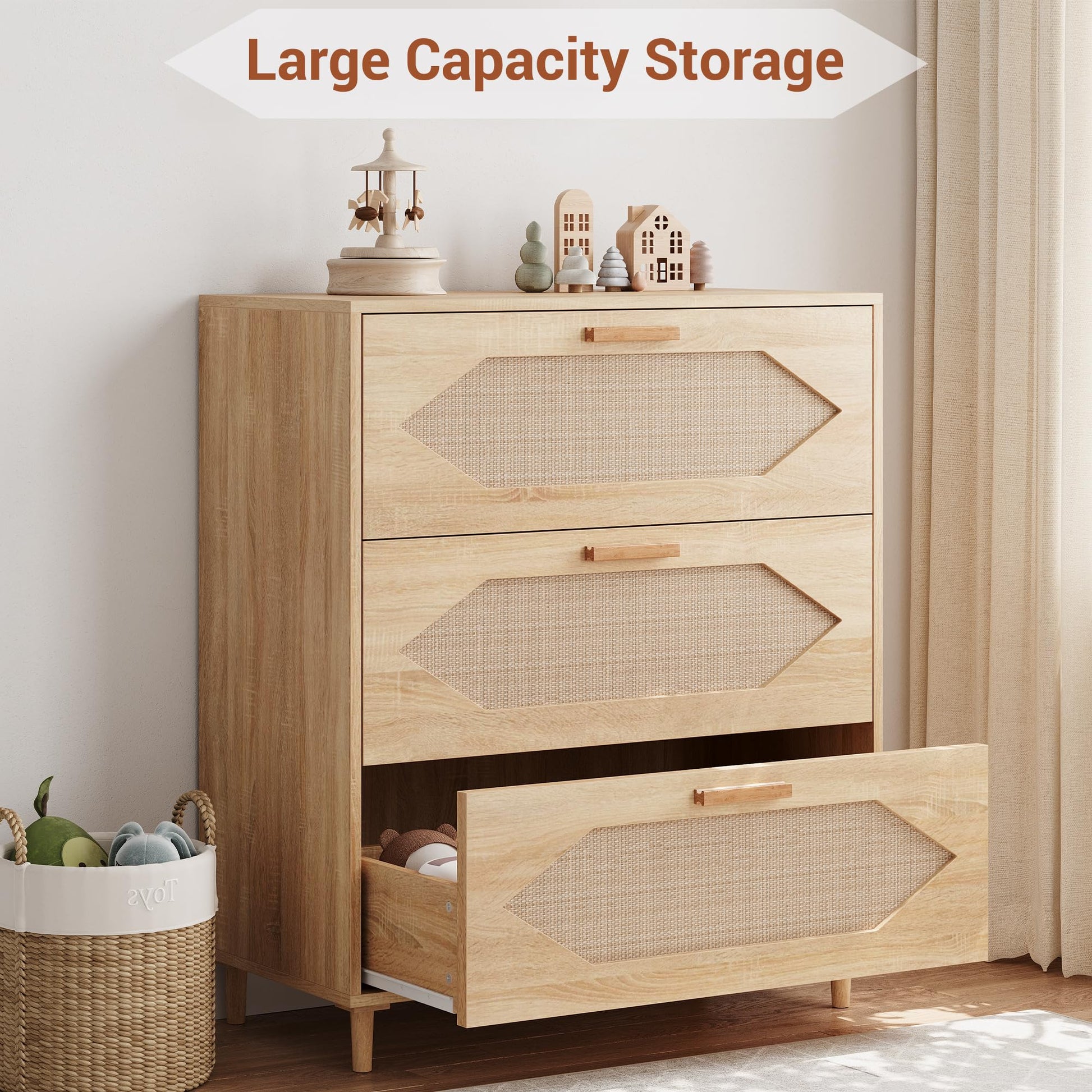 Cassettiera in rattan Garvee a 3 cassetti per camera da letto, ampio spazio di archiviazione, impermeabile, in legno MDF, moderna, per soggiorno e corridoio, marrone