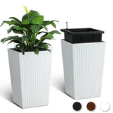 Set di fioriere in rattan Garvee da 16 pollici con indicatore del livello dell'acqua e ruote per patio e soggiorno, bianco, resistente alle intemperie - bianco