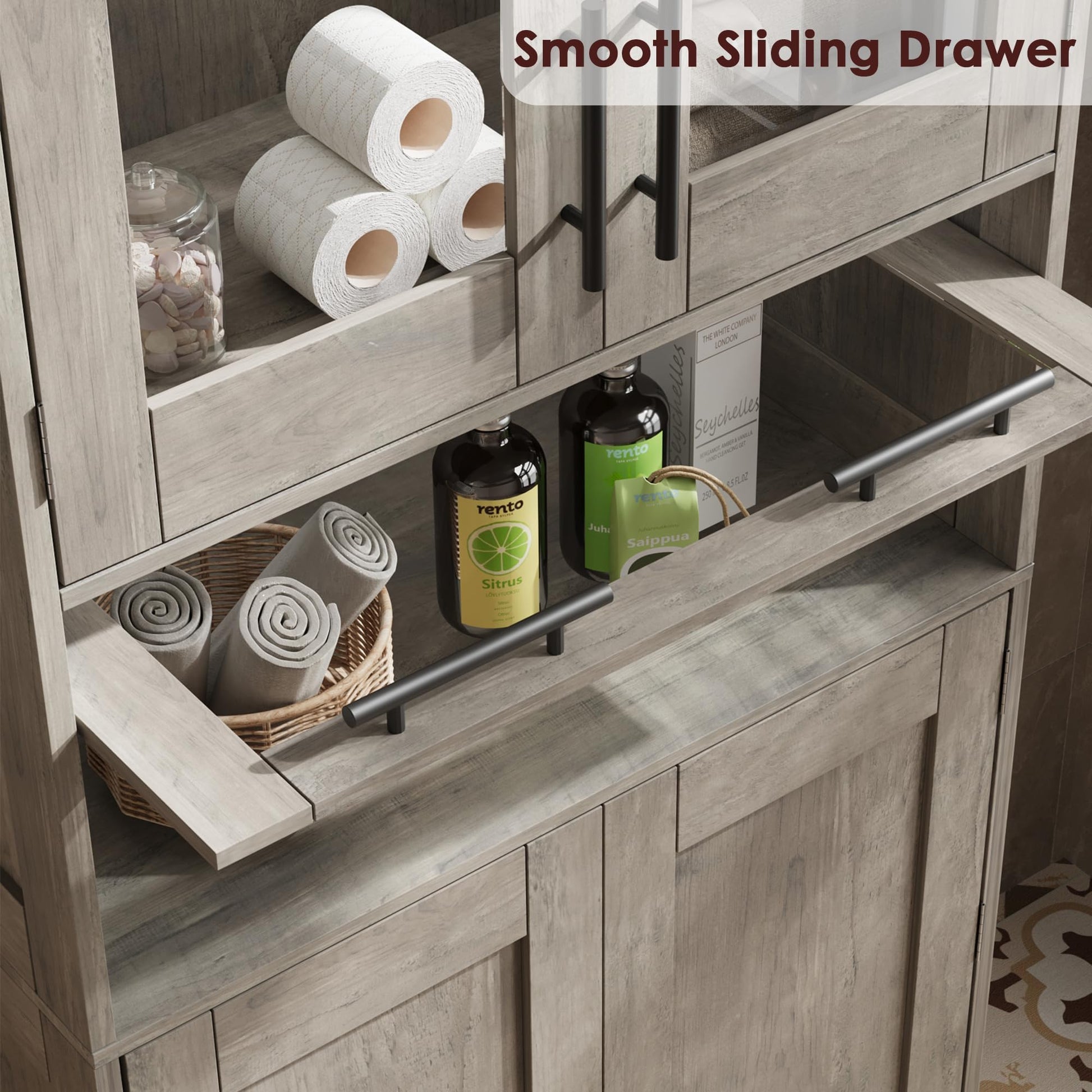 Mobiletto da bagno Garvee, alto e stretto, 170 cm, con 2 ante e 1 cassetto, grigio, ripiani regolabili, salvaspazio per bagno, corridoio e soggiorno