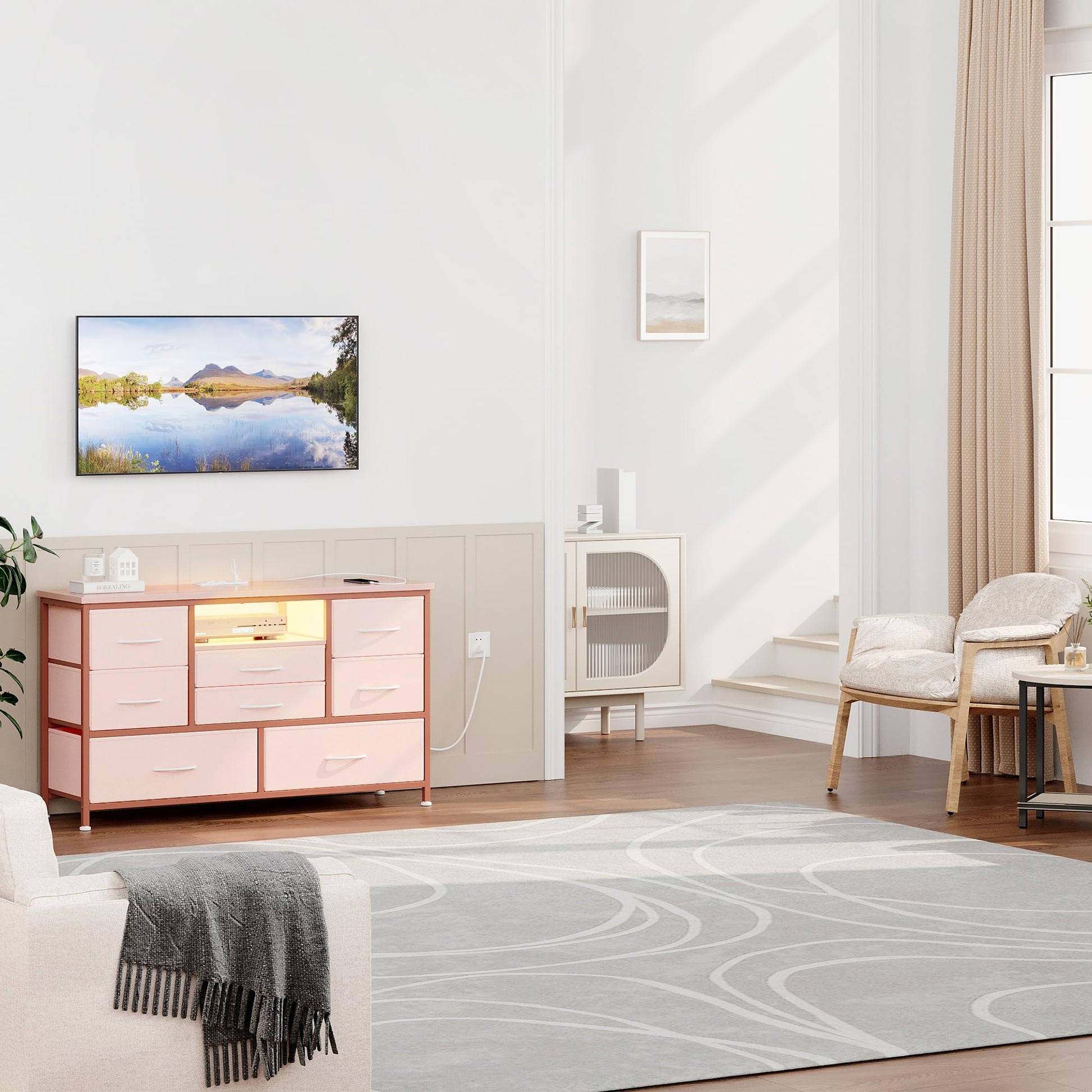 Cassettiera GARVEE con 8 cassetti, mobile TV con luce LED, 3 prese e 2 porte USB, cassettiera per soggiorno, corridoio, camera da letto, robusta struttura in metallo, piano in legno
