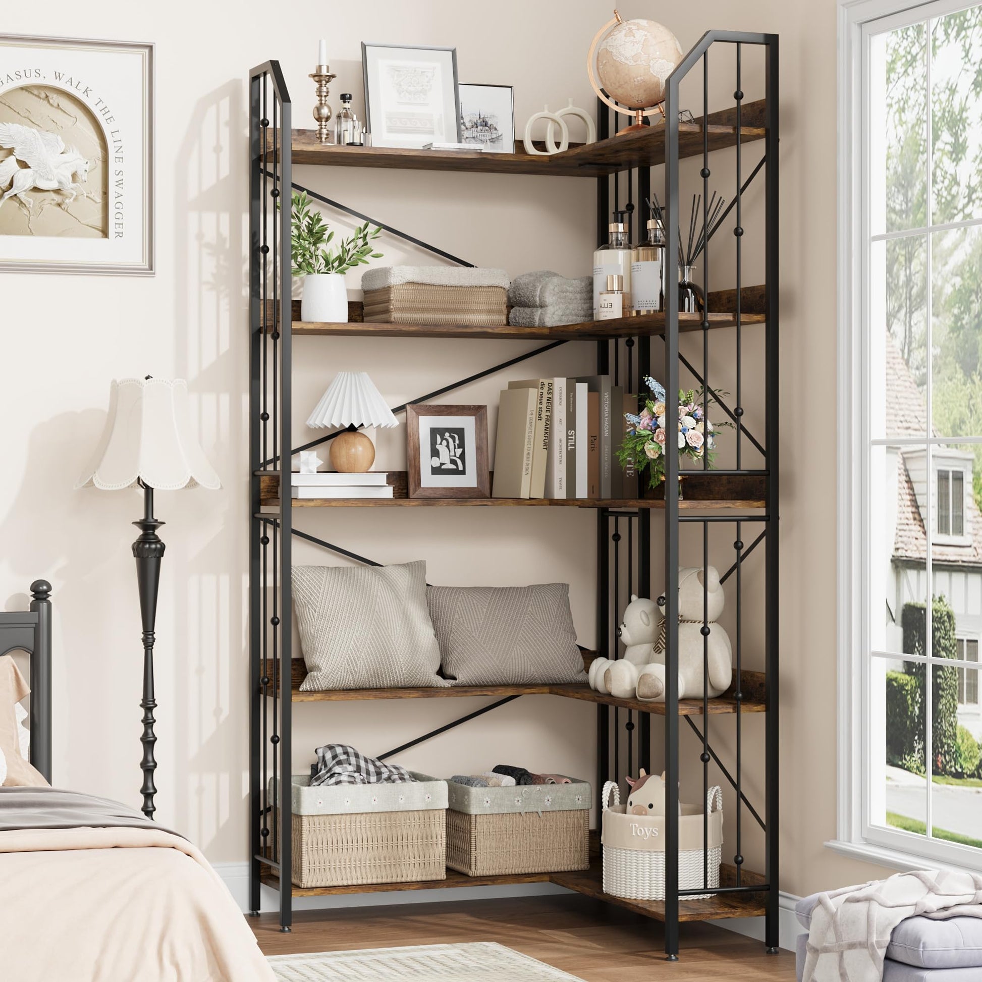 Scaffale angolare Garvee da 72" Libreria industriale a forma di L a 5 ripiani in MDF, metallo, soggiorno, camera da letto, nero