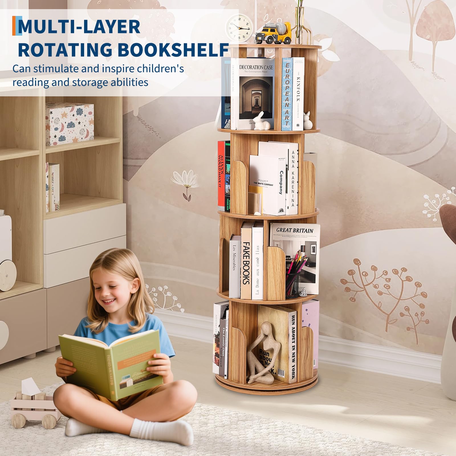 Scaffale girevole in legno Garvee, 4 ripiani, girevole a 360°, multifunzionale, soggiorno, cameretta dei bambini, salvaspazio