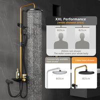 GARVEE Doccia a pioggia senza rubinetto con mensola, sistema doccia in acciaio inox, colonna doccia regolabile 74-114 cm, nero e oro, soffione da 25 cm