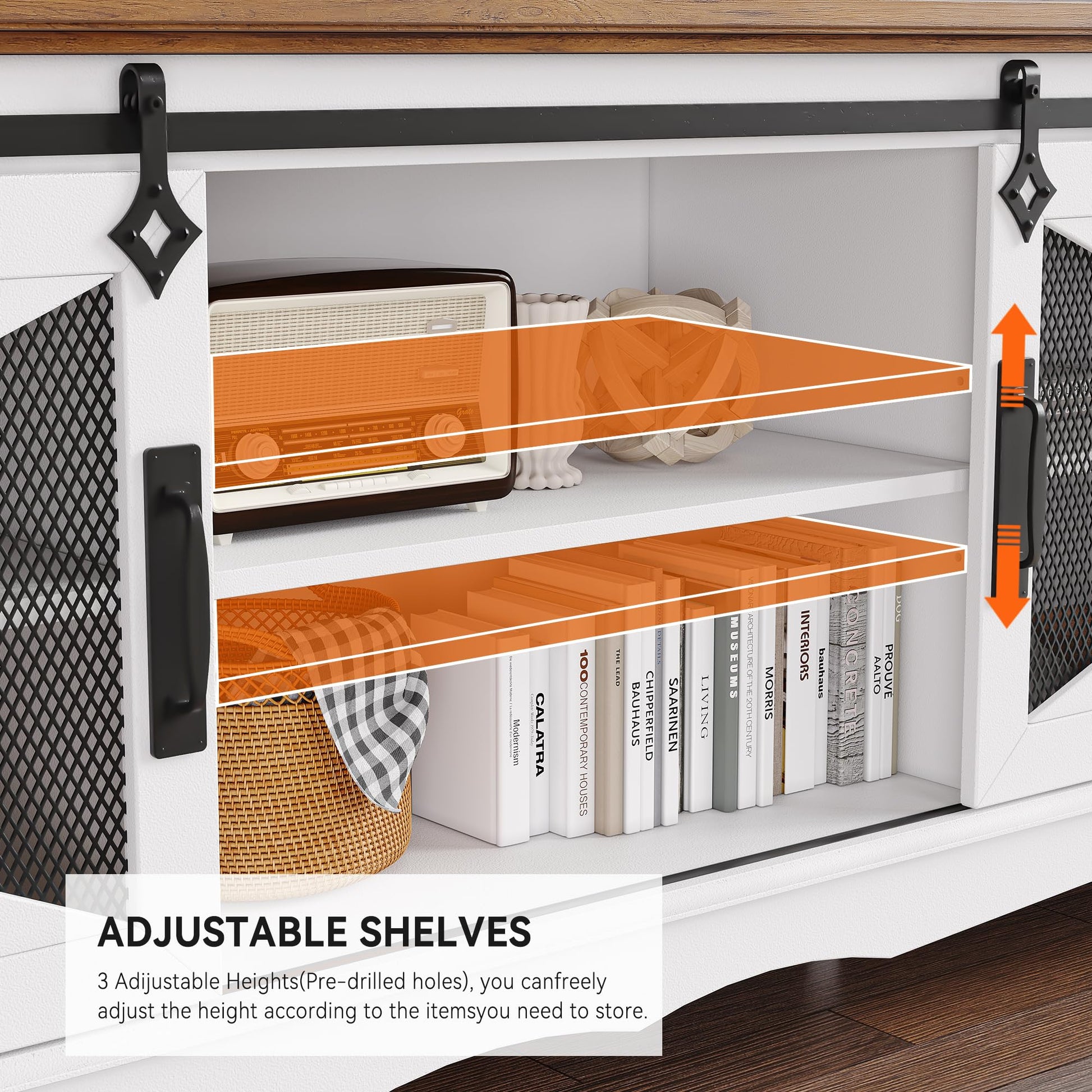 Mobile porta TV Garvee da 65" in stile rustico, bianco, con ante scorrevoli, ripiani regolabili per soggiorno, in MDF laminato