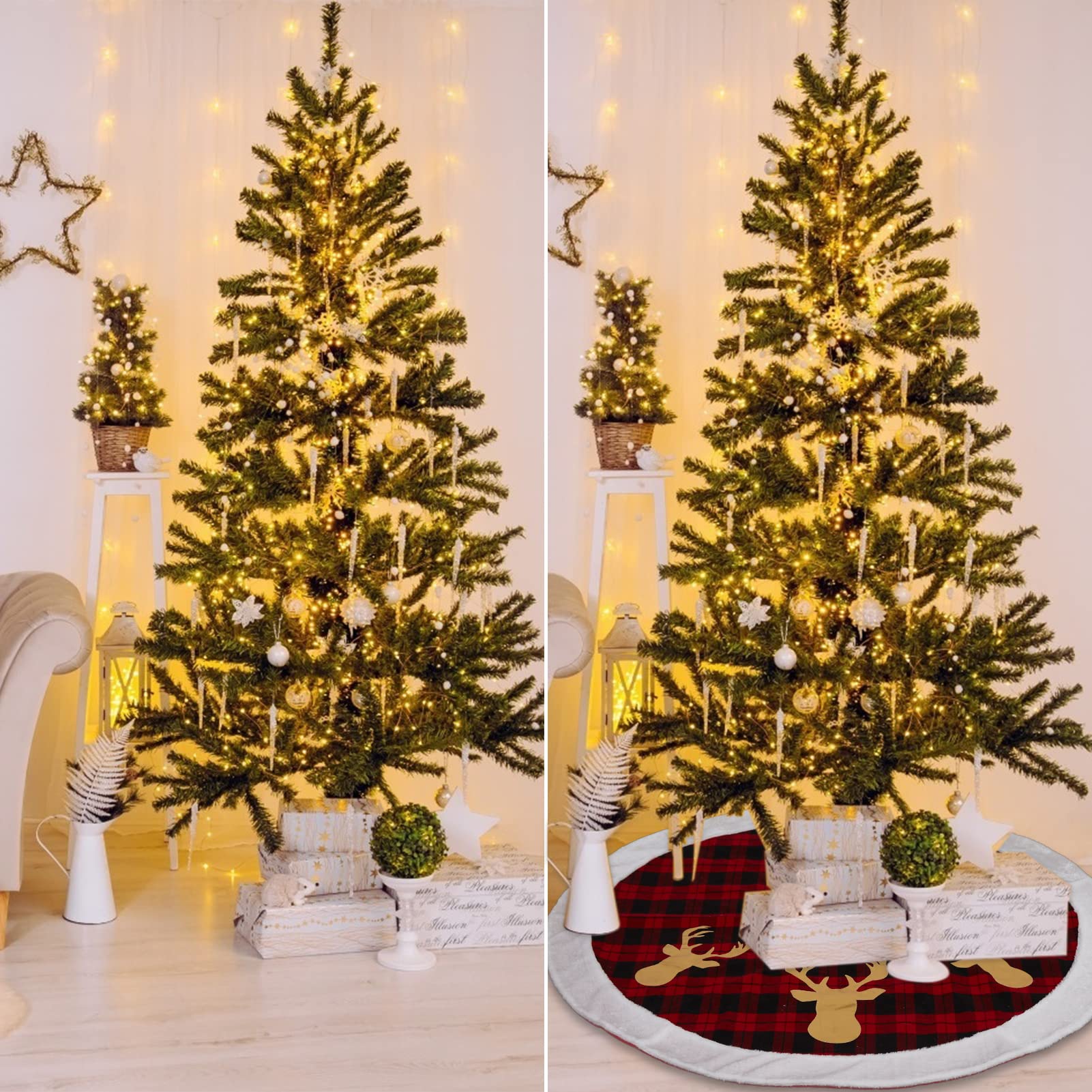 Gonna per albero di Natale Garvee da 48 pollici, motivo a quadri rossi e neri con motivo a cervo, pelliccia sintetica, per casa e feste