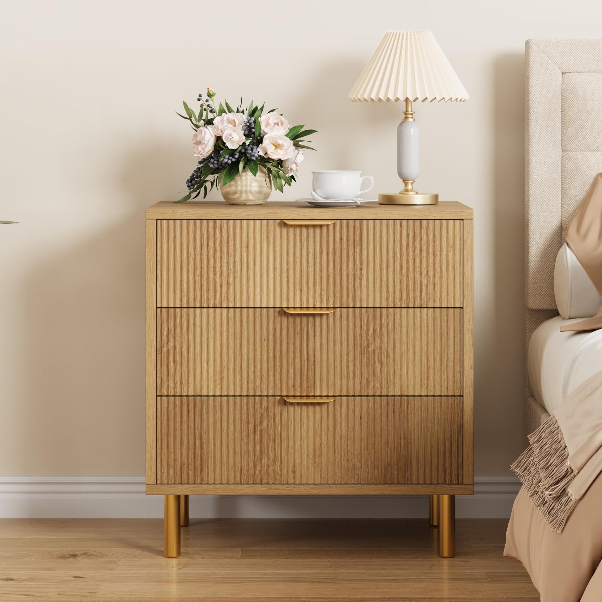 Cassettiera Garvee a 3 cassetti, moderna in legno con gambe in metallo, pannello scanalato, per camera da letto e ufficio, 28"P x 17"L x 30"A, oro