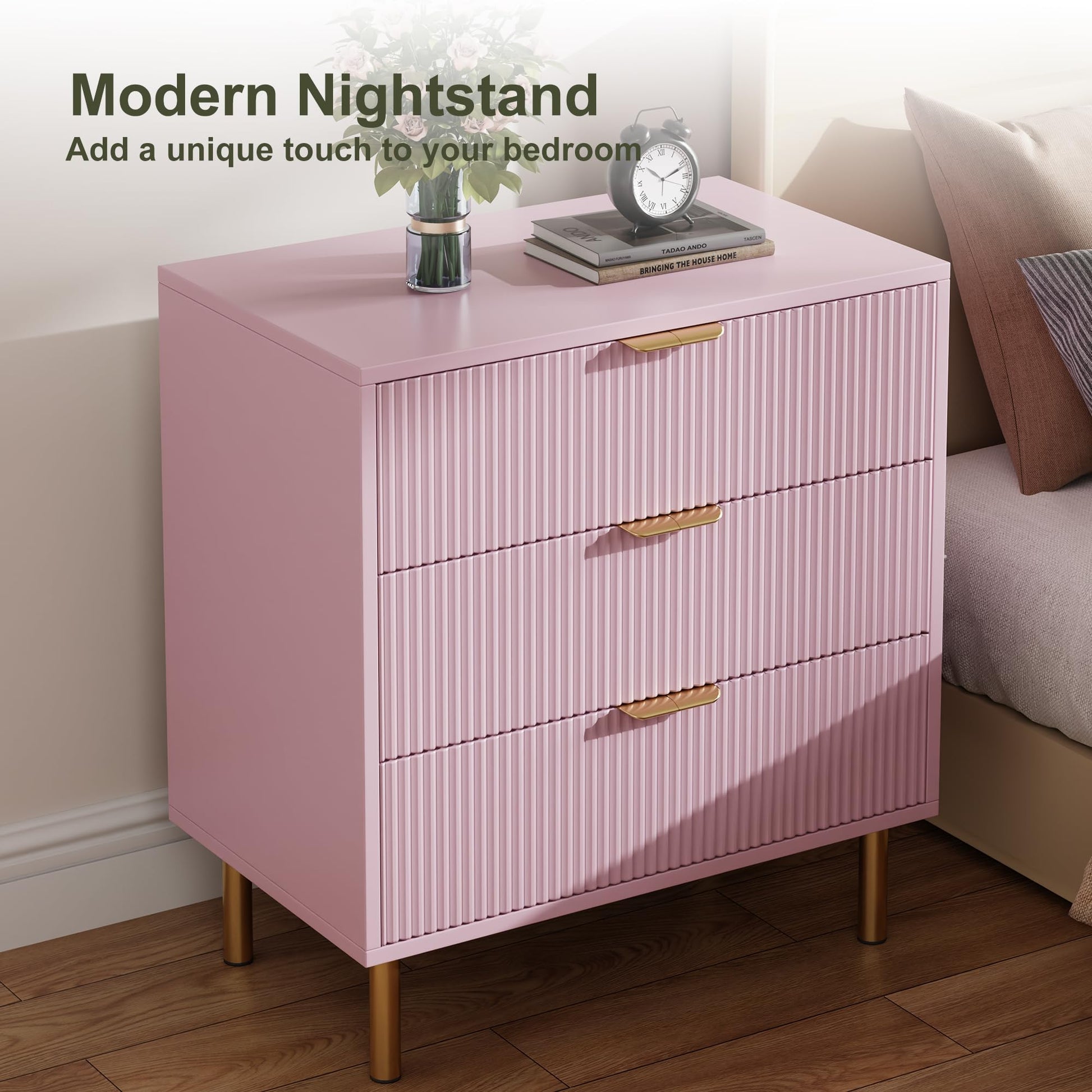 Cassettiera Garvee Modern Pink a 3 cassetti con maniglie dorate per camera da letto e soggiorno, 28"x17"x30", legno MDF