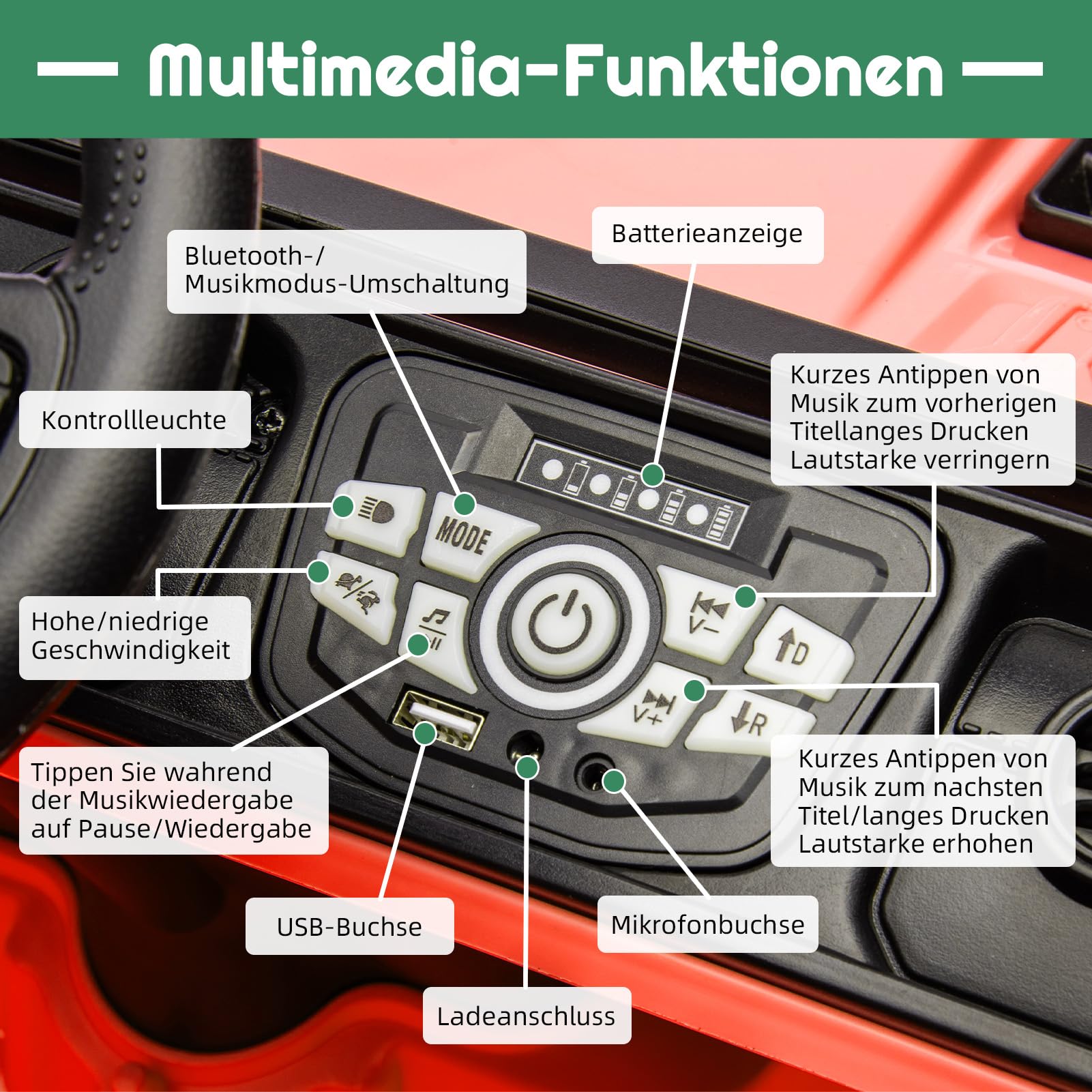 Auto elettrica per bambini GARVEE 12V con telecomando, luci a LED, Bluetooth, cinture di sicurezza, pneumatici antiscivolo, rossa, per bambini dai 3 anni in su