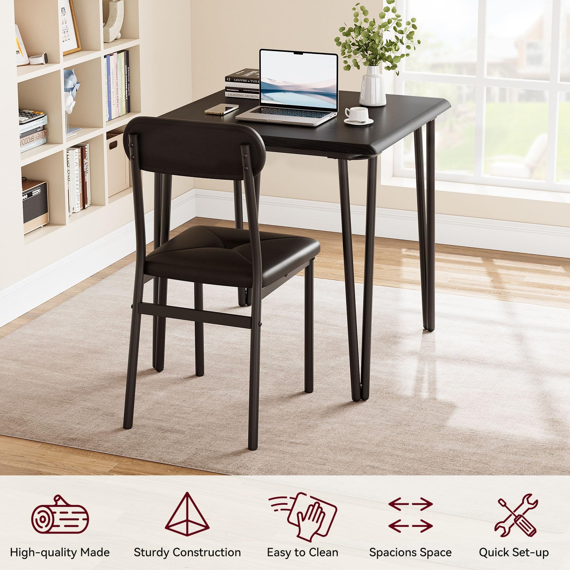 Set da pranzo Garvee per 2 persone con sedie imbottite, piano in MDF, struttura in metallo robusto, nero, salvaspazio per stanze piccole