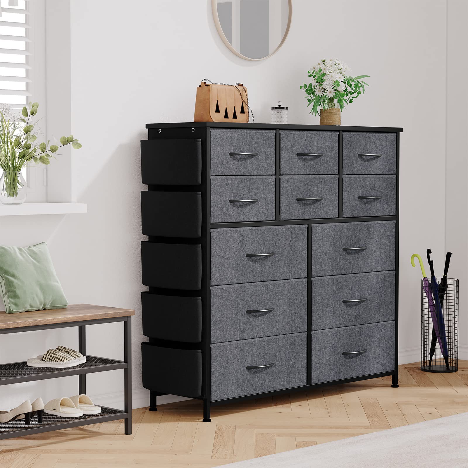 Cassettiera Garvee con 12 cassetti in tessuto, maniglie, struttura in metallo, design industriale, per corridoio, soggiorno, camera da letto, cucina, ufficio, grigio scuro