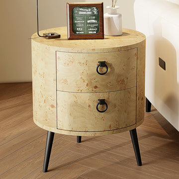 Tavolino rotondo Garvee con cassetti, gambe in legno e metallo, per soggiorno e camera da letto, 18,5" rotondo, legno naturale