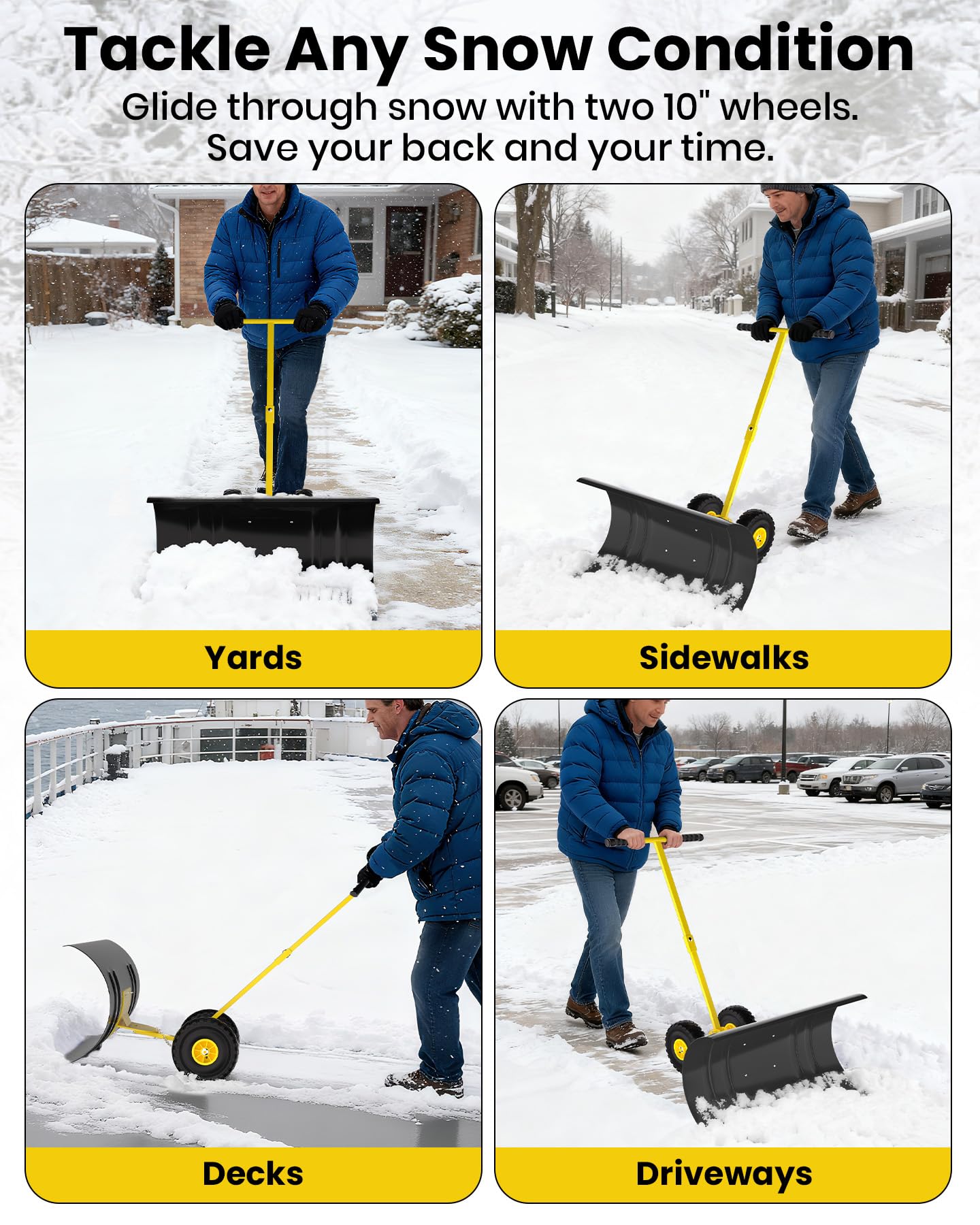 Pala da neve Garvee con ruote, lama in acciaio da 29", regolabile in 5 posizioni, impugnatura ergonomica per vialetto e giardino, base in plastica, nera