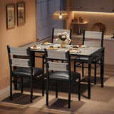Set da pranzo Garvee per 4 persone con protezioni angolari, sedie in PU, struttura in acciaio, piano in legno, grigio, per cucina e appartamento, salvaspazio - grigio