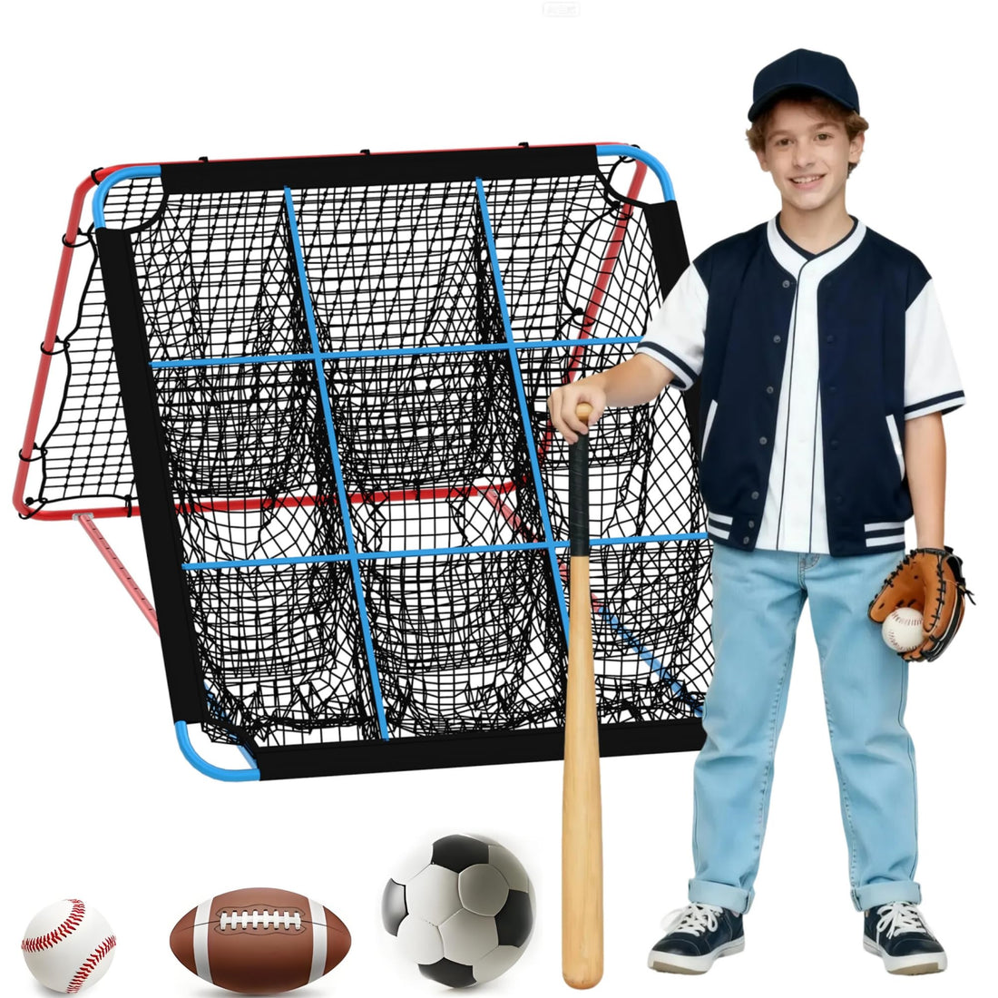 Rete da rimbalzo per baseball Garvee con 9 tasche, pieghevole e stabile per baseball, calcio, pallavolo, allenamento all'aperto e al chiuso