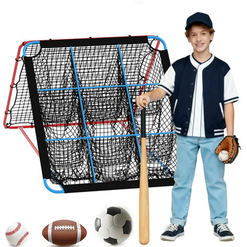 Rete da rimbalzo per baseball Garvee con 9 tasche, pieghevole e stabile per baseball, calcio, pallavolo, allenamento all'aperto e al chiuso