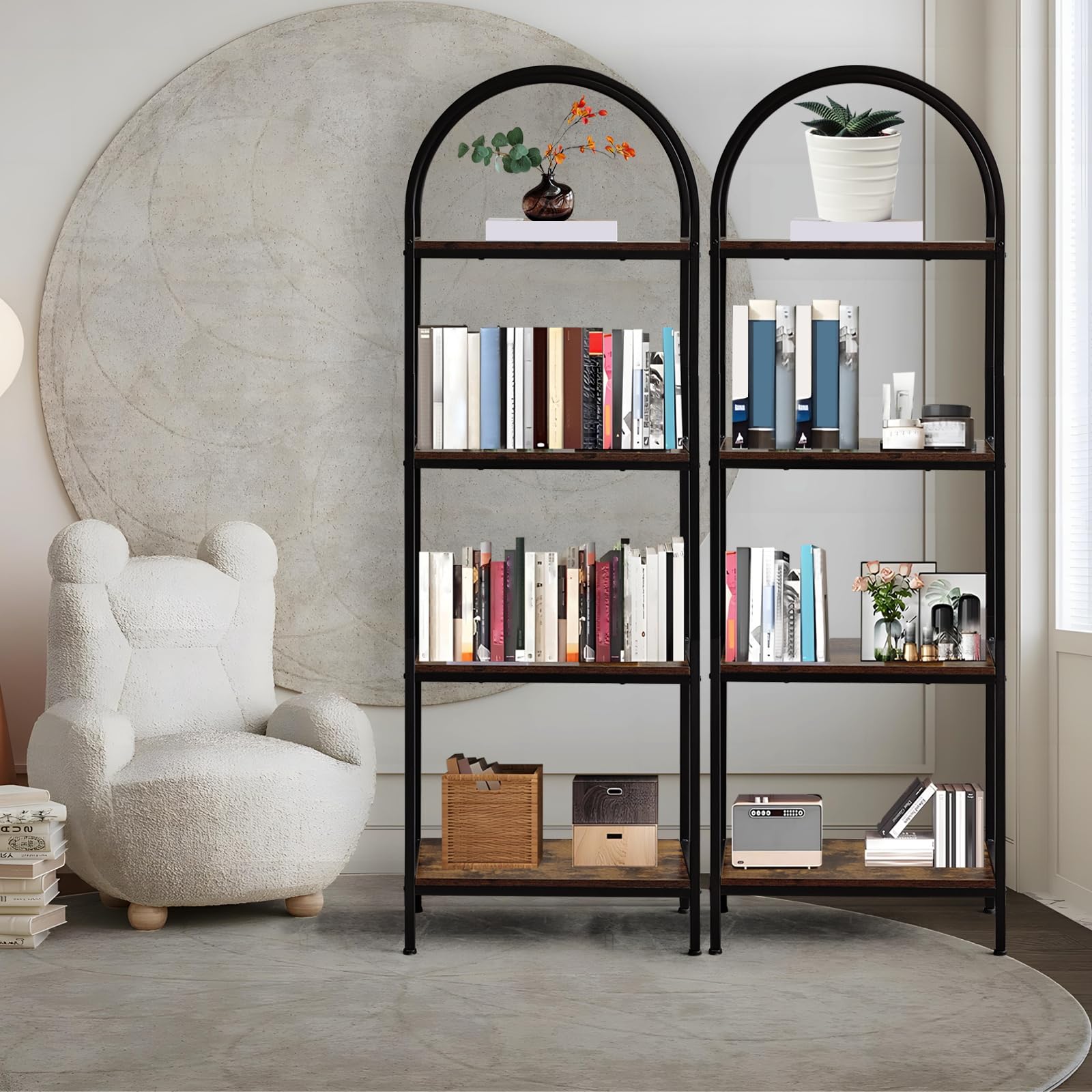 Libreria ad arco Garvee a 4 ripiani con struttura in metallo, design moderno, effetto legno, per soggiorno e ufficio, resistente ai graffi, stabile