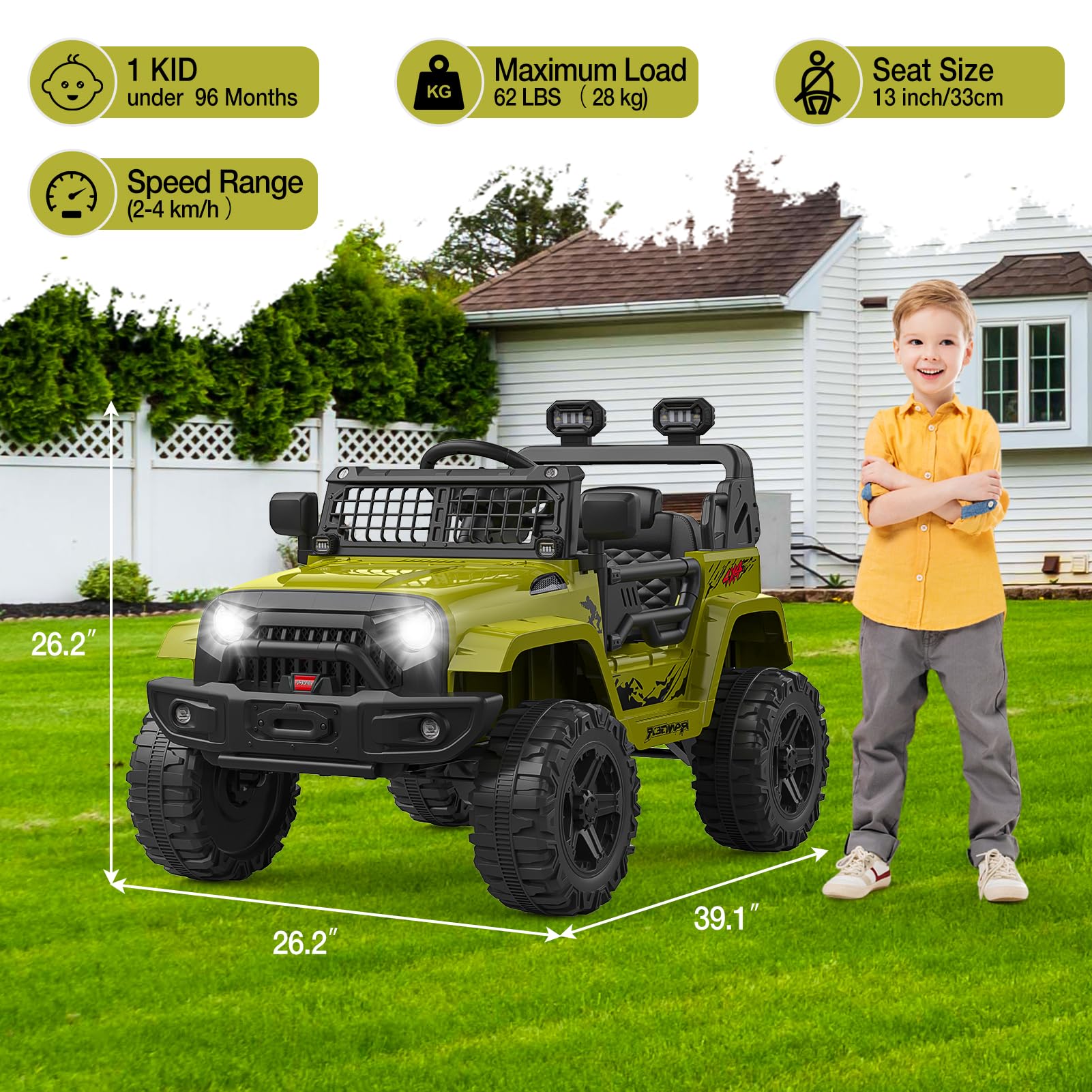 Garvee 12V Kids Electric Off-Road Car Green con telecomando e Bluetooth – SUV robusto per bambini e bambine dai 3 anni in su