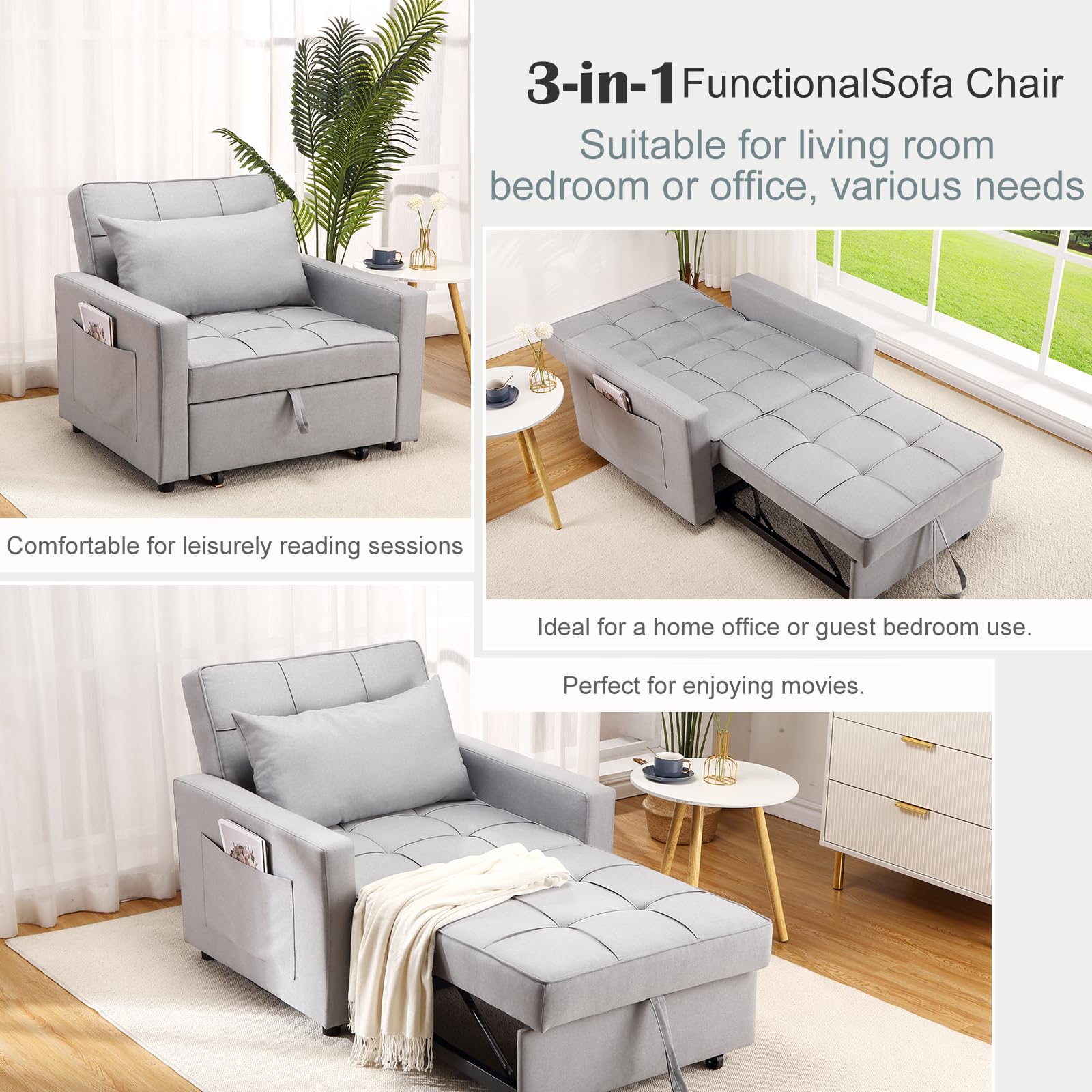 Divano letto/poltrona letto 3 in 1 Garvee con funzione letto, tessuto di lino per la casa, 192 x 96 x 59 cm, grigio chiaro