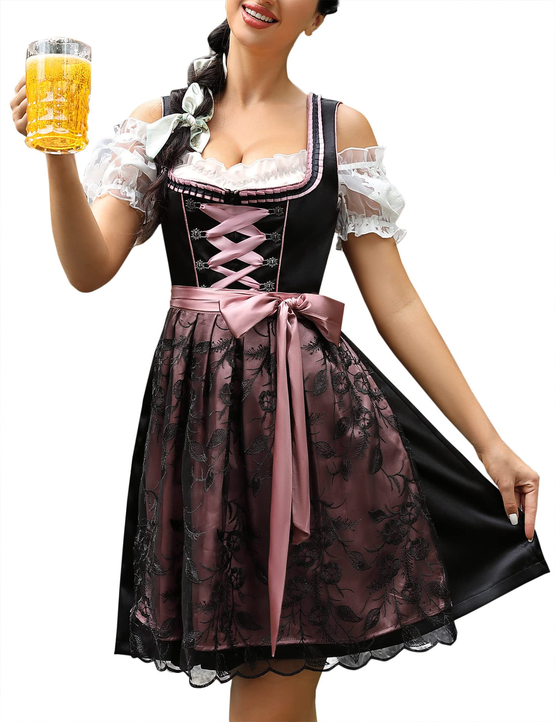 Garvee - Vestito tradizionale Dirndl Midi da donna, set da 3 pezzi, nero, per l'Oktoberfest e le occasioni speciali, taglia 36
