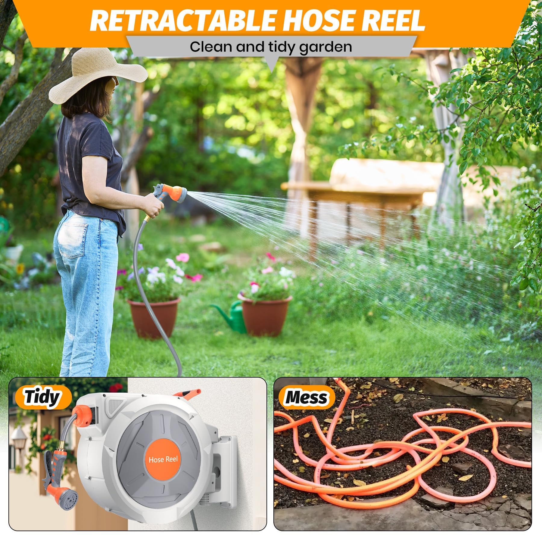 Avvolgitubo retrattile Garvee da giardino da 1/2" x 130 piedi, spruzzatore a 9 funzioni, ritorno lento automatico, PVC e ottone a 3 strati, girevole a 180°, montaggio a parete, irrigazione da giardino