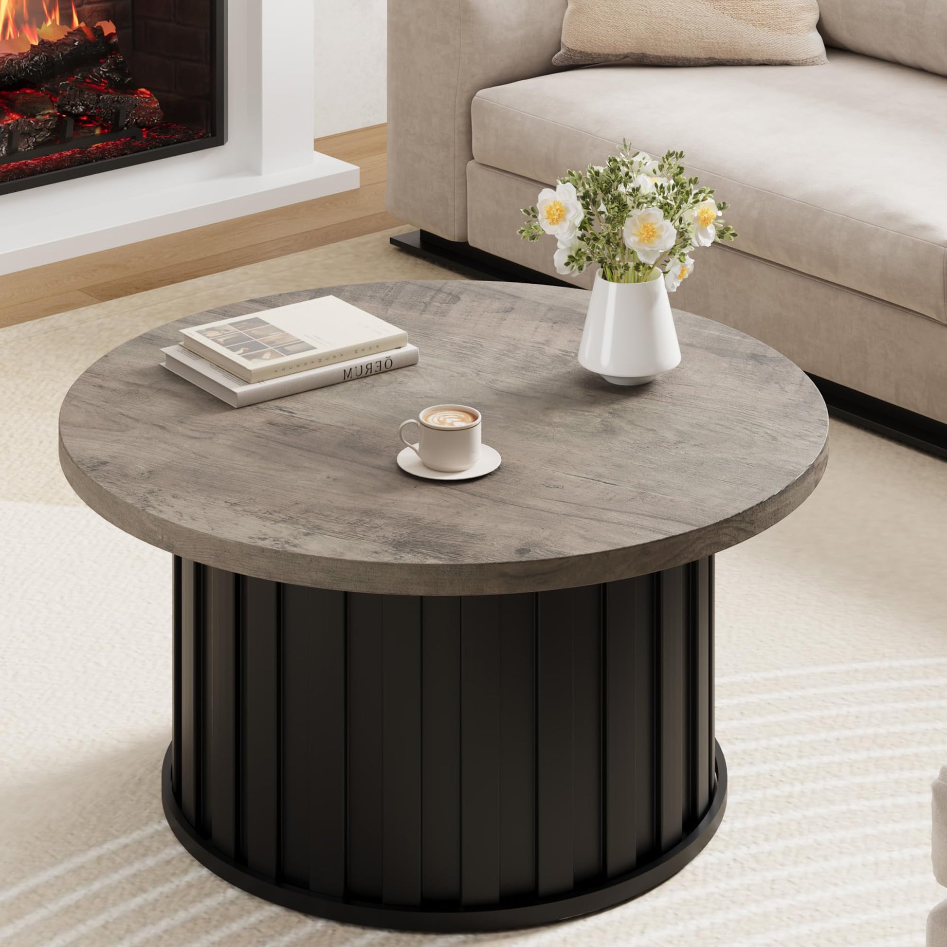 Tavolino da caffè rotondo Garvee, stile moderno di metà secolo, con struttura in metallo, piano scanalato da 31,9 pollici, in MDF nero, per soggiorno e appartamento